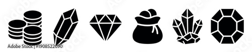 Set of black treasure icons including coins, crystals, a diamond, and a money bag for gaming or fantasy themes, presented in a simple graphic silhouette style