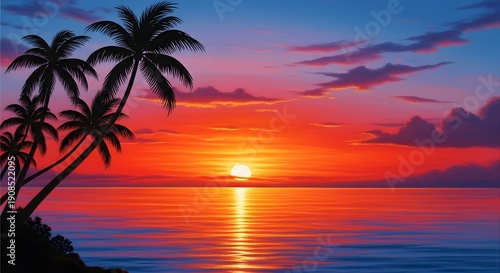 Silhouetted tropical palm trees stand against a vividly painted ocean sunset featuring brilliant orange and deep blue hues.
