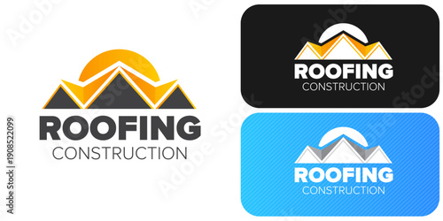 Roofing construction logo set with yellow house roof silhouettes, professional branding identity. Modern roofing construction logo collection featuring stylized yellow roof peaks and bold typography