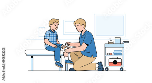 Flat vector illustration of healthcare worker applying bandage to child’s knee in school clinic, showing first aid and safety care