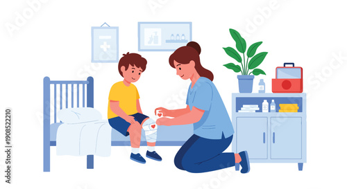 Flat vector illustration of healthcare worker applying bandage to child’s knee in school clinic, showing first aid and safety care