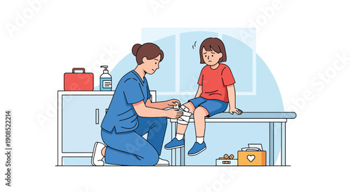 Flat vector illustration of healthcare worker applying bandage to child’s knee in school clinic, showing first aid and safety care