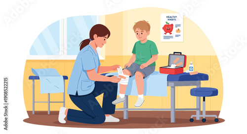 Flat vector illustration of healthcare worker applying bandage to child’s knee in school clinic, showing first aid and safety care