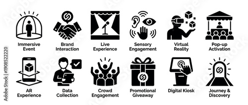Set of twelve black glyph icons for experiential marketing concepts like immersive events, virtual reality, and brand interaction, presented in a clean, minimalist vector style