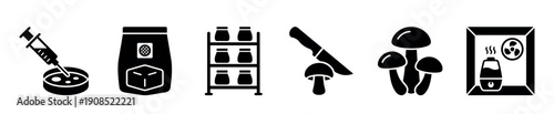 Black glyph icon set for mushroom cultivation and mycology, illustrating the complete growing process from spore syringe and petri dish to harvesting and environmental control