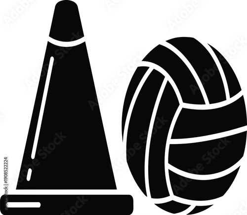 A black cone and volleyball on a white background, ideal for sports training.