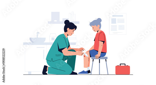 Flat vector illustration of healthcare worker applying bandage to child’s knee in school clinic, showing first aid and safety care