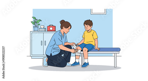Flat vector illustration of healthcare worker applying bandage to child’s knee in school clinic, showing first aid and safety care