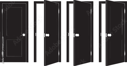 Four black doors with different designs and handles in a row Vector