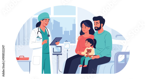 Modern flat vector illustration of pediatric surgeon consulting family, showing trust, communication, and professional medical decision support