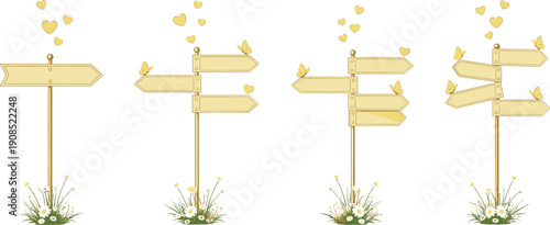 Romantic wooden signposts collection vector illustration love hearts arrows decorative garden elements