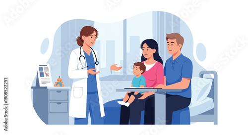 Modern flat vector illustration of pediatric surgeon consulting family, showing trust, communication, and professional medical decision support
