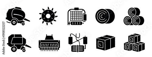Black glyph icon set of agricultural machinery for hay baling and harvesting, including round and square balers, hay bales, and other farming equipment symbols in a simple vector style