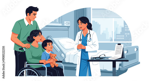 Modern flat vector illustration of pediatric surgeon consulting family, showing trust, communication, and professional medical decision support