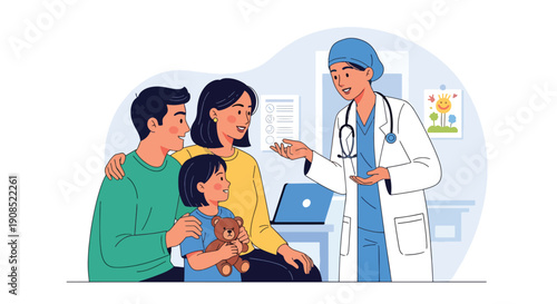 Modern flat vector illustration of pediatric surgeon consulting family, showing trust, communication, and professional medical decision support