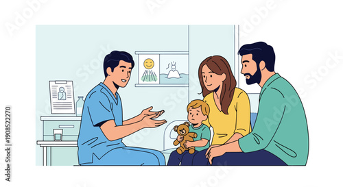 Modern flat vector illustration of pediatric surgeon consulting family, showing trust, communication, and professional medical decision support