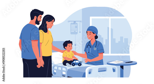 Modern flat vector illustration of pediatric surgeon consulting family, showing trust, communication, and professional medical decision support