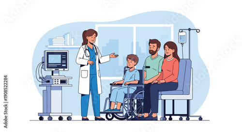 Modern flat vector illustration of pediatric surgeon consulting family, showing trust, communication, and professional medical decision support