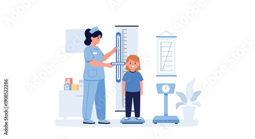 Flat vector illustration of nurse measuring child height and weight, showing routine checkup and healthy development monitoring