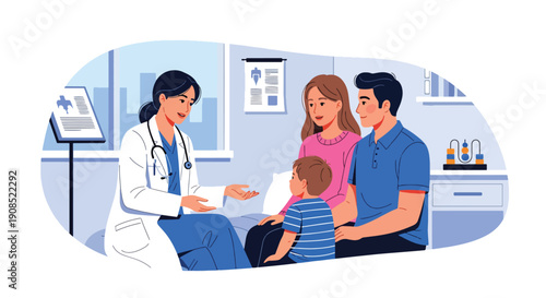 Modern flat vector illustration of pediatric surgeon consulting family, showing trust, communication, and professional medical decision support