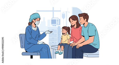 Modern flat vector illustration of pediatric surgeon consulting family, showing trust, communication, and professional medical decision support