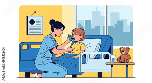 Modern flat vector illustration of nurse helping child use inhaler, showing respiratory care and asthma treatment support
