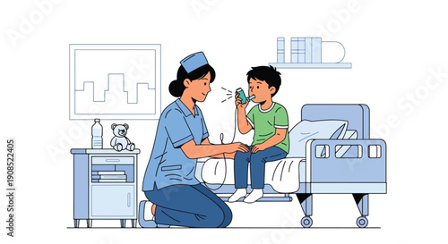 Modern flat vector illustration of nurse helping child use inhaler, showing respiratory care and asthma treatment support