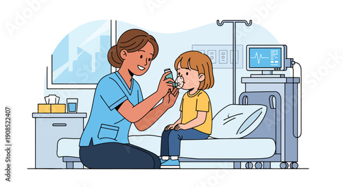 Modern flat vector illustration of nurse helping child use inhaler, showing respiratory care and asthma treatment support