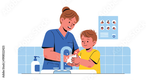 Flat vector illustration of nurse teaching child handwashing, showing hygiene education and infection prevention in healthcare