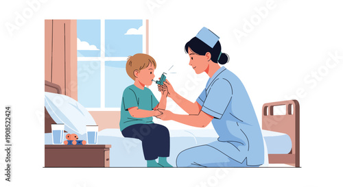 Modern flat vector illustration of nurse helping child use inhaler, showing respiratory care and asthma treatment support