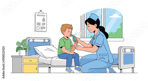 Modern flat vector illustration of nurse helping child use inhaler, showing respiratory care and asthma treatment support