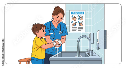 Flat vector illustration of nurse teaching child handwashing, showing hygiene education and infection prevention in healthcare