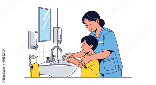 Flat vector illustration of nurse teaching child handwashing, showing hygiene education and infection prevention in healthcare