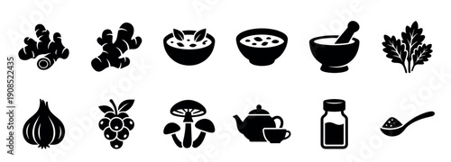 Collection of black silhouette glyph icons representing herbal medicine, natural remedies, and healthy food ingredients like ginger, garlic, mushrooms, tea, and spices