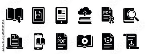 Black glyph icon set for e-learning and digital reading, featuring symbols for ebooks, PDF documents, online library, audiobooks, and educational materials in a minimal vector style