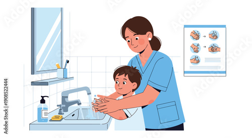 Flat vector illustration of nurse teaching child handwashing, showing hygiene education and infection prevention in healthcare