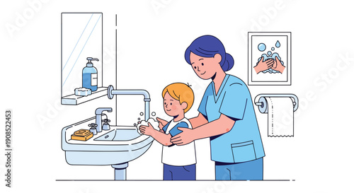 Flat vector illustration of nurse teaching child handwashing, showing hygiene education and infection prevention in healthcare
