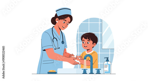 Flat vector illustration of nurse teaching child handwashing, showing hygiene education and infection prevention in healthcare