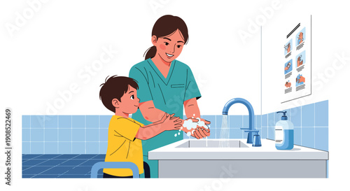 Flat vector illustration of nurse teaching child handwashing, showing hygiene education and infection prevention in healthcare