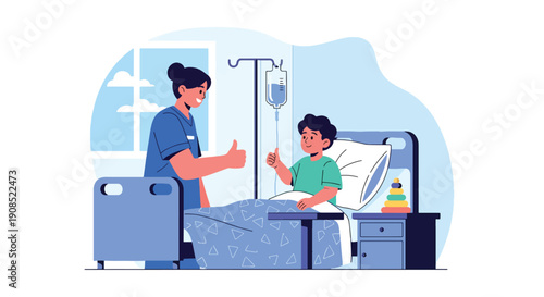 Flat vector illustration of healthcare worker encouraging recovering child, showing hope, motivation, and positive healing support