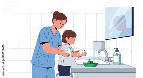 Flat vector illustration of nurse teaching child handwashing, showing hygiene education and infection prevention in healthcare