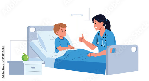 Flat vector illustration of healthcare worker encouraging recovering child, showing hope, motivation, and positive healing support