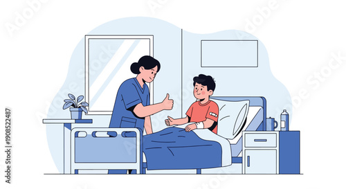 Flat vector illustration of healthcare worker encouraging recovering child, showing hope, motivation, and positive healing support