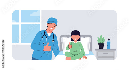 Flat vector illustration of healthcare worker encouraging recovering child, showing hope, motivation, and positive healing support