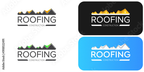 Roofing construction logo set with yellow house roof silhouettes, professional branding identity. Modern roofing construction logo collection featuring stylized yellow roof peaks and bold typography