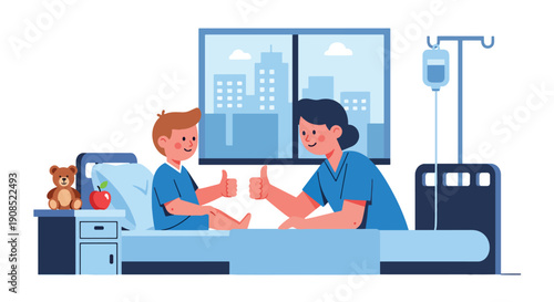 Flat vector illustration of healthcare worker encouraging recovering child, showing hope, motivation, and positive healing support