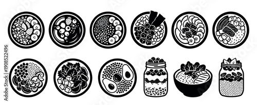 Collection of black and white healthy food bowl and jar icons showing various meals like smoothie bowls, poke bowls, salads, and parfaits in a minimalist graphic style