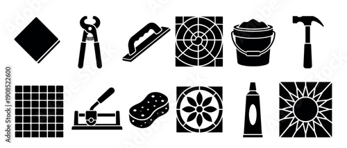 Black silhouette icons of tile installation equipment showing a trowel, nippers, hammer, bucket, sponge, tile cutter, and various patterned ceramic tiles for flooring