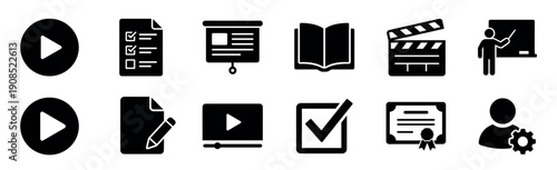 Set of black solid glyph icons for e-learning, online education, video courses, and webinar training presented in a clean, minimalist vector style for digital interfaces