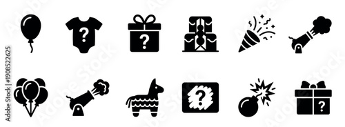 Set of black gender reveal party icons featuring balloons, gifts, a cake, and a question mark symbol for a baby shower celebration, presented in a simple solid glyph style